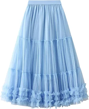 Women's Tulle Tiered Layered Maxi Skirt Ruffle Cake Puffy Tutu Mesh Long Skirts Petticoat