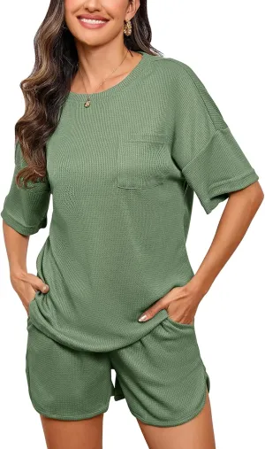Womens Waffle Pajama Sets Summer 2 Piece Crewneck Short Sleeve Tops and Shorts Matching Lounge Set with Pockets
