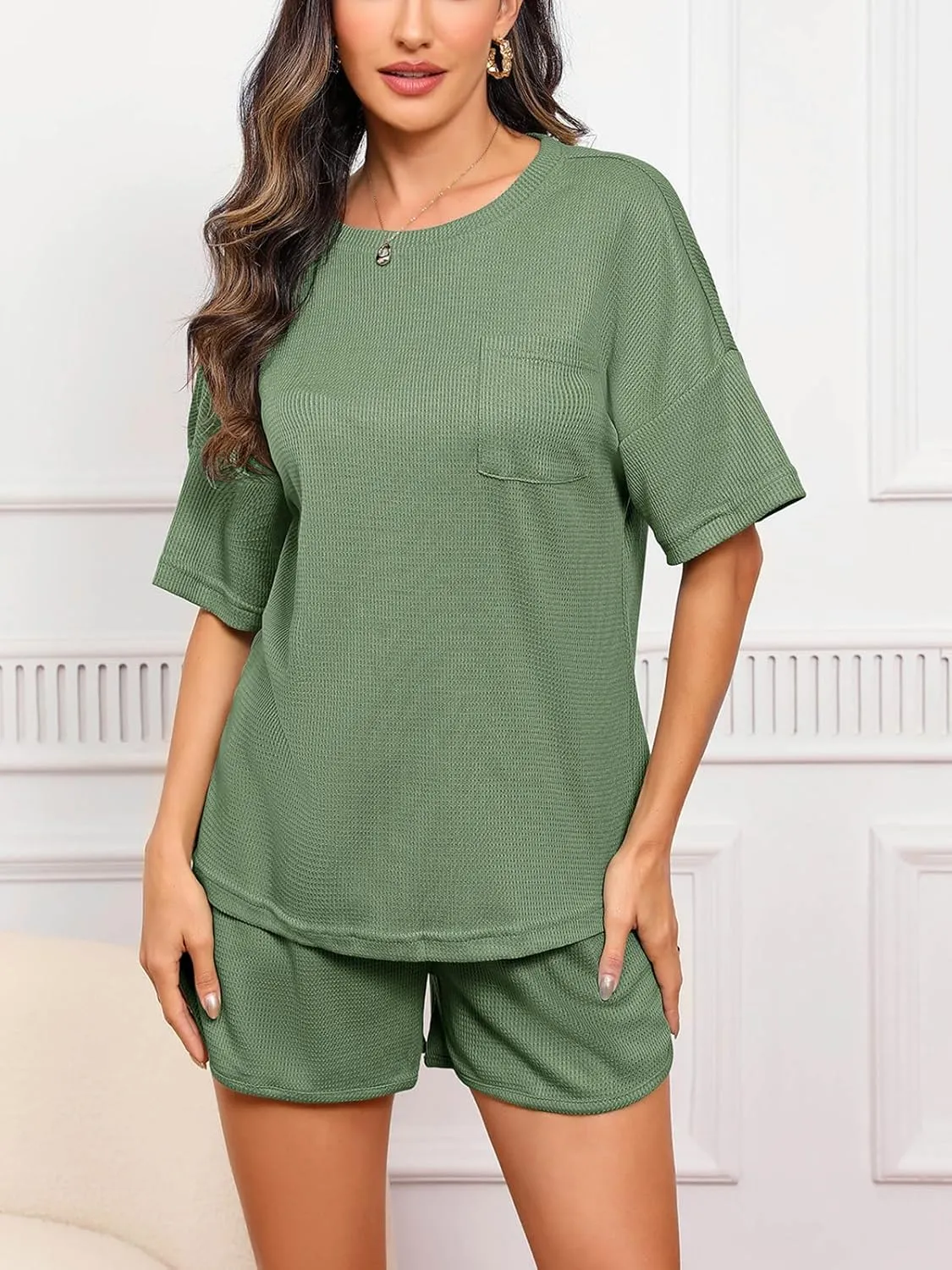 Womens Waffle Pajama Sets Summer 2 Piece Crewneck Short Sleeve Tops and Shorts Matching Lounge Set with Pockets