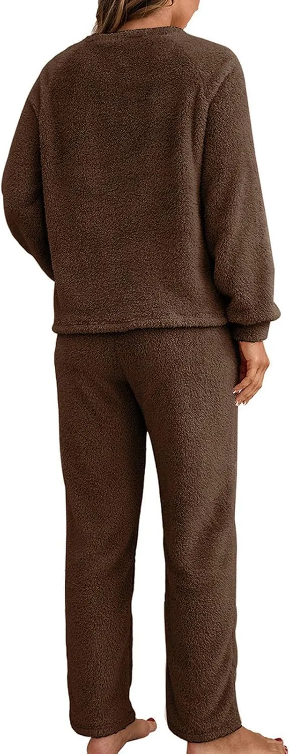 Womens Winter Fleece Outfits 2 Piece Lounge Sets Fuzzy Pajamas Warm Sweatsuits Sweatshirts and Sweatpants