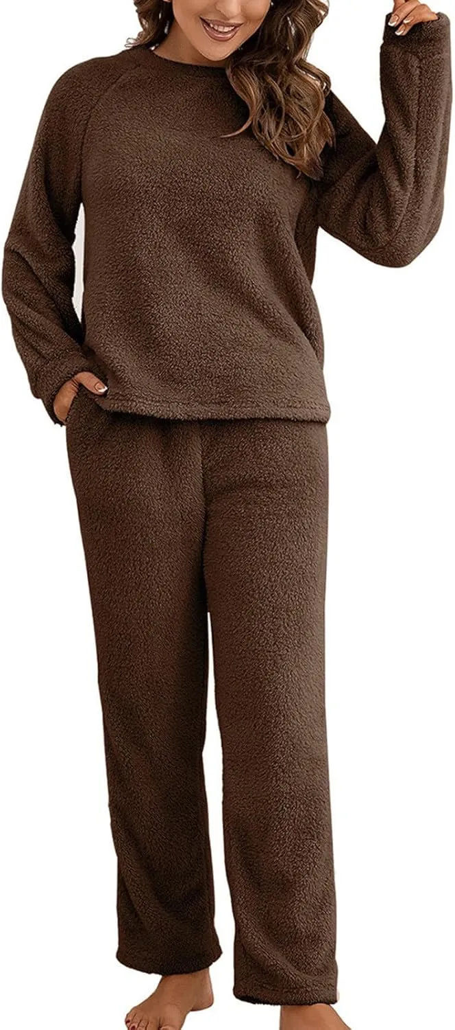 Womens Winter Fleece Outfits 2 Piece Lounge Sets Fuzzy Pajamas Warm Sweatsuits Sweatshirts and Sweatpants