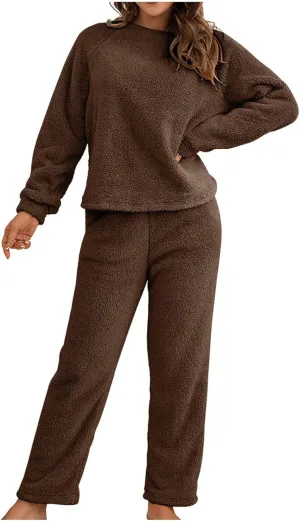 Womens Winter Fleece Outfits 2 Piece Lounge Sets Fuzzy Pajamas Warm Sweatsuits Sweatshirts and Sweatpants
