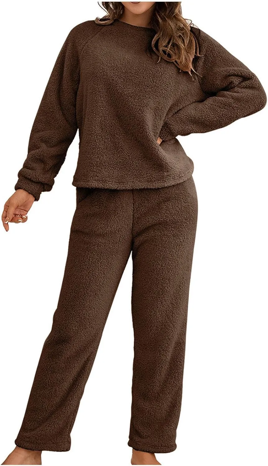 Womens Winter Fleece Outfits 2 Piece Lounge Sets Fuzzy Pajamas Warm Sweatsuits Sweatshirts and Sweatpants