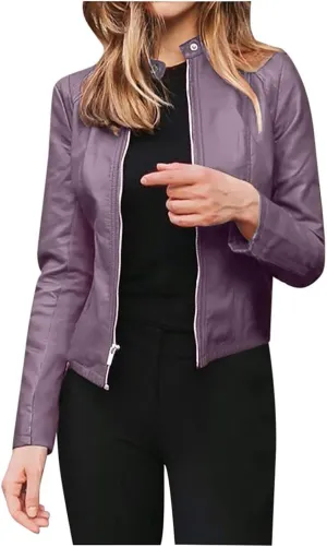 WUAI-Women Casual Zip Up Faux Leather Moto Biker Short Coat Classic Stand Collar PU Slim Bomber Coat Cropped Jackets