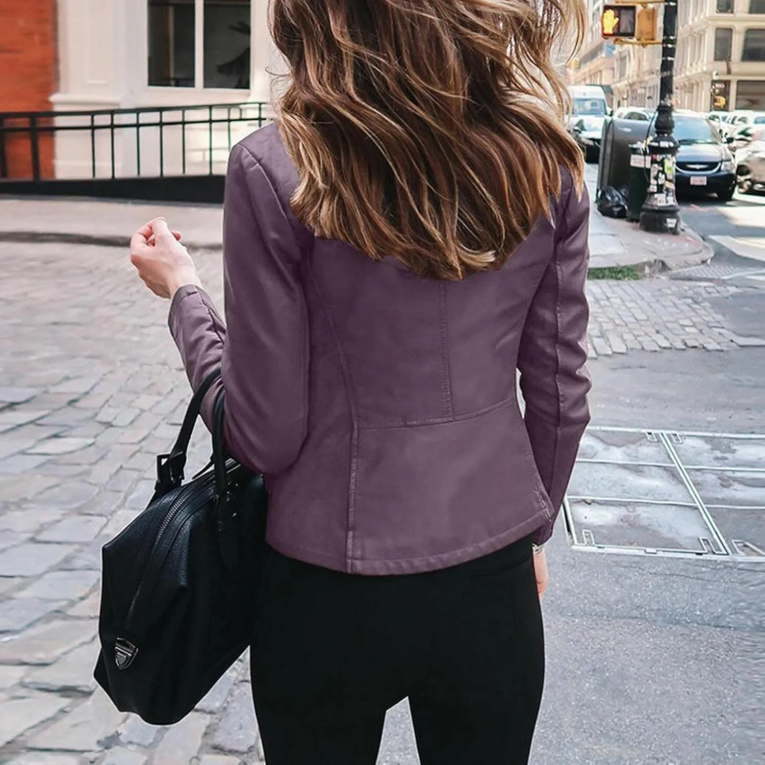 WUAI-Women Casual Zip Up Faux Leather Moto Biker Short Coat Classic Stand Collar PU Slim Bomber Coat Cropped Jackets