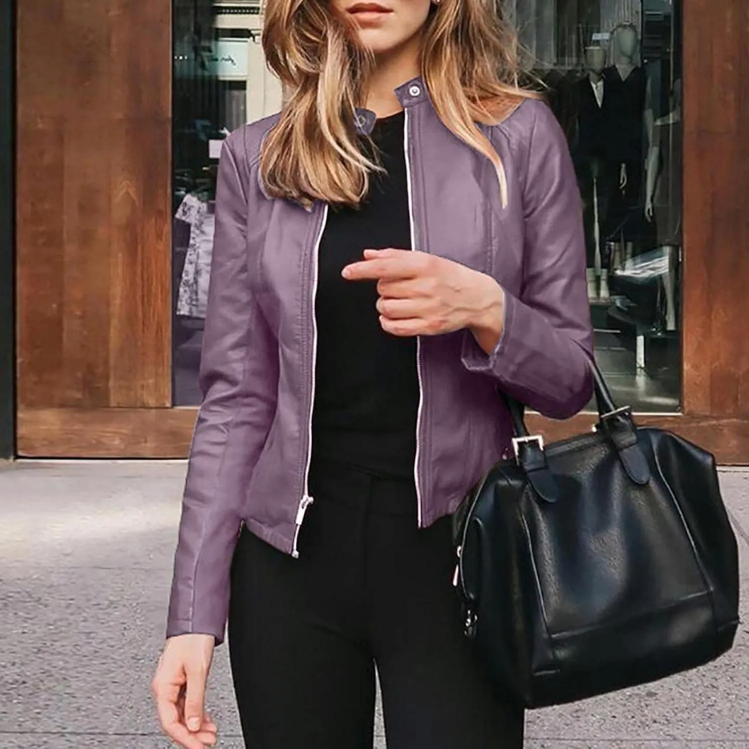 WUAI-Women Casual Zip Up Faux Leather Moto Biker Short Coat Classic Stand Collar PU Slim Bomber Coat Cropped Jackets