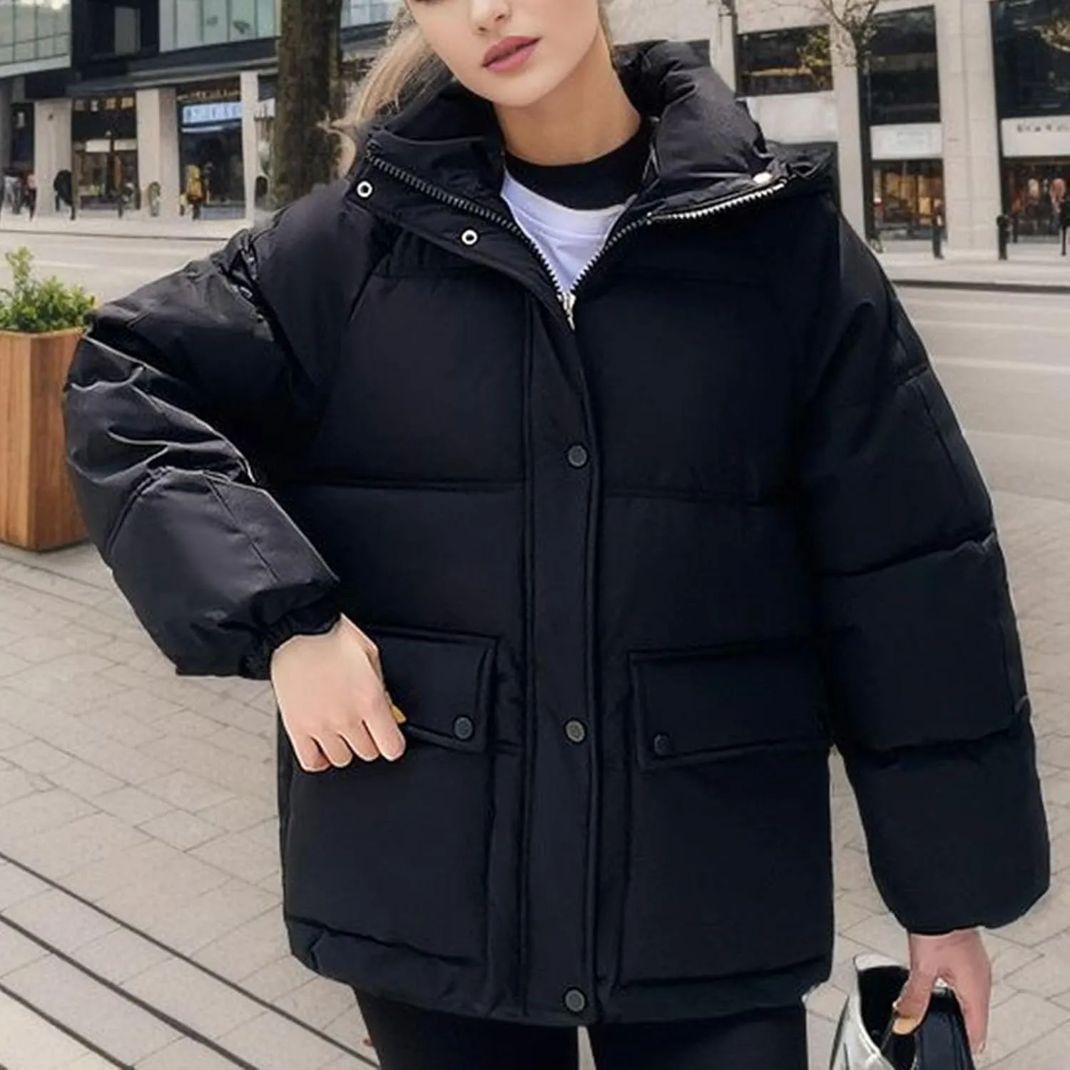 XUNRYAN Womens Winter Warm Down Coat Hooded Puffer Jackets Baggy Lightweight Jackets Casual Button Overcoat Activewear