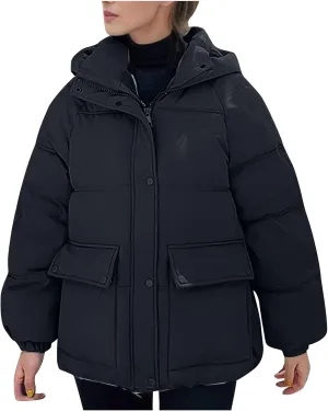 XUNRYAN Womens Winter Warm Down Coat Hooded Puffer Jackets Baggy Lightweight Jackets Casual Button Overcoat Activewear