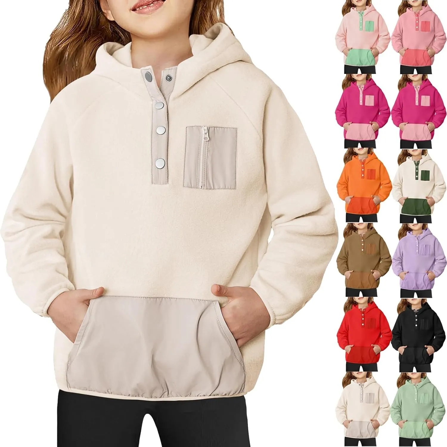 Youth Girls Color Block Hoodie Pullover Sweatshirt Top Button Brushed Fleece Hoodie Kids Hooded Sweatshirt with Pocket