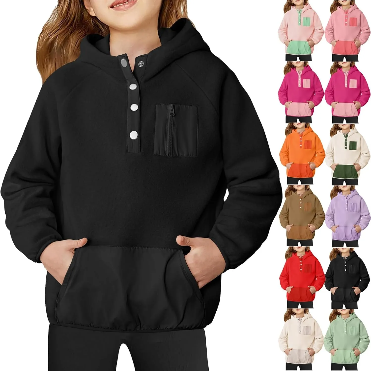 Youth Girls Color Block Hoodie Pullover Sweatshirt Top Button Brushed Fleece Hoodie Kids Hooded Sweatshirt with Pocket
