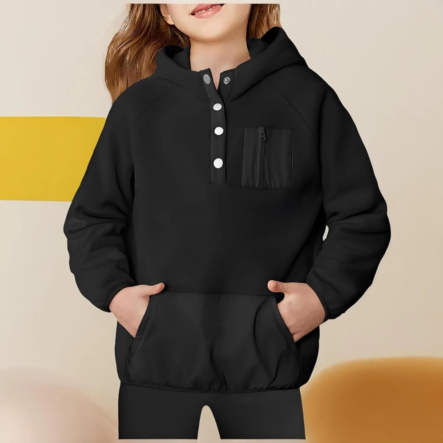 Youth Girls Color Block Hoodie Pullover Sweatshirt Top Button Brushed Fleece Hoodie Kids Hooded Sweatshirt with Pocket