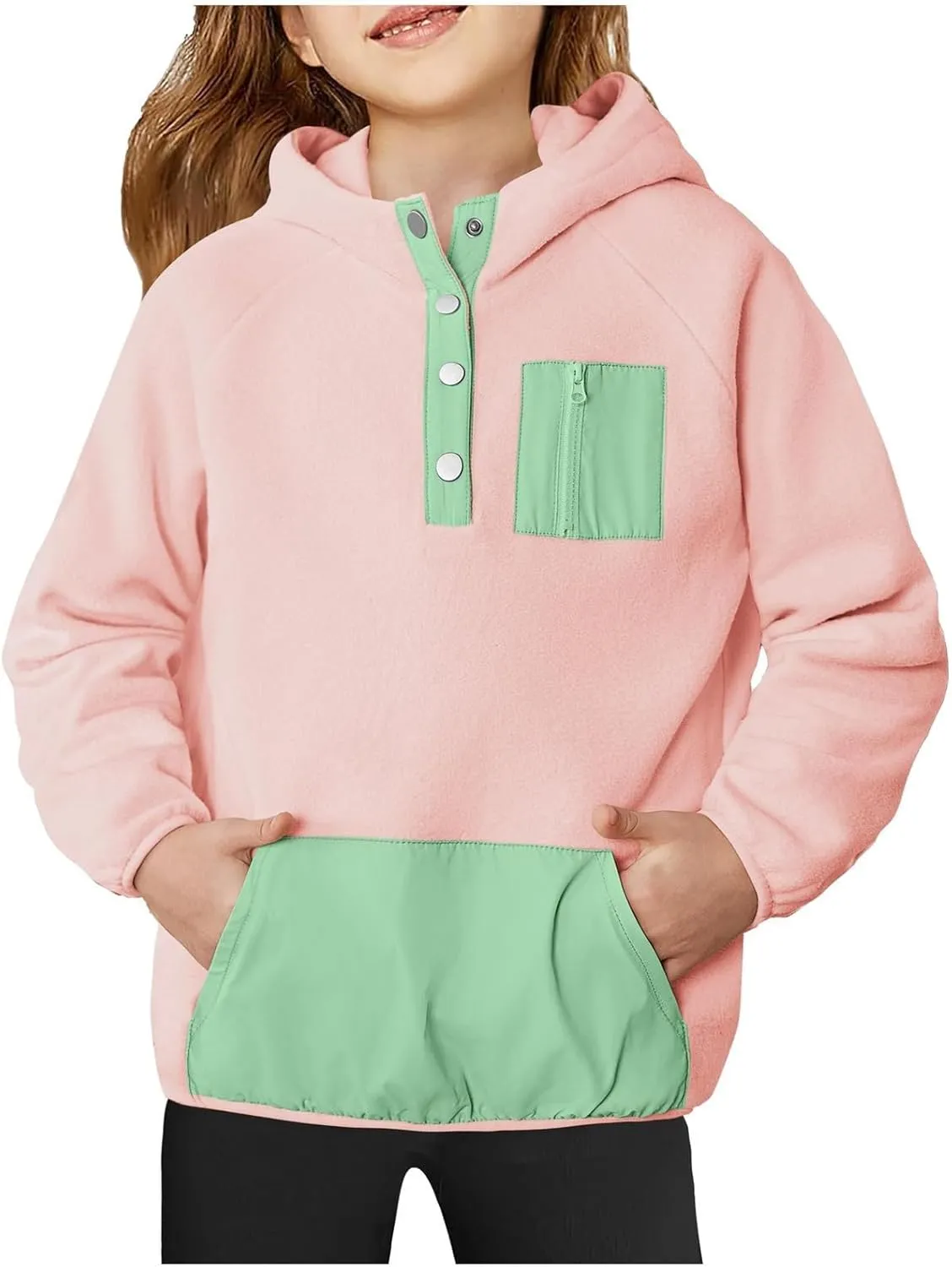 Youth Girls Color Block Hoodie Pullover Sweatshirt Top Button Brushed Fleece Hoodie Kids Hooded Sweatshirt with Pocket