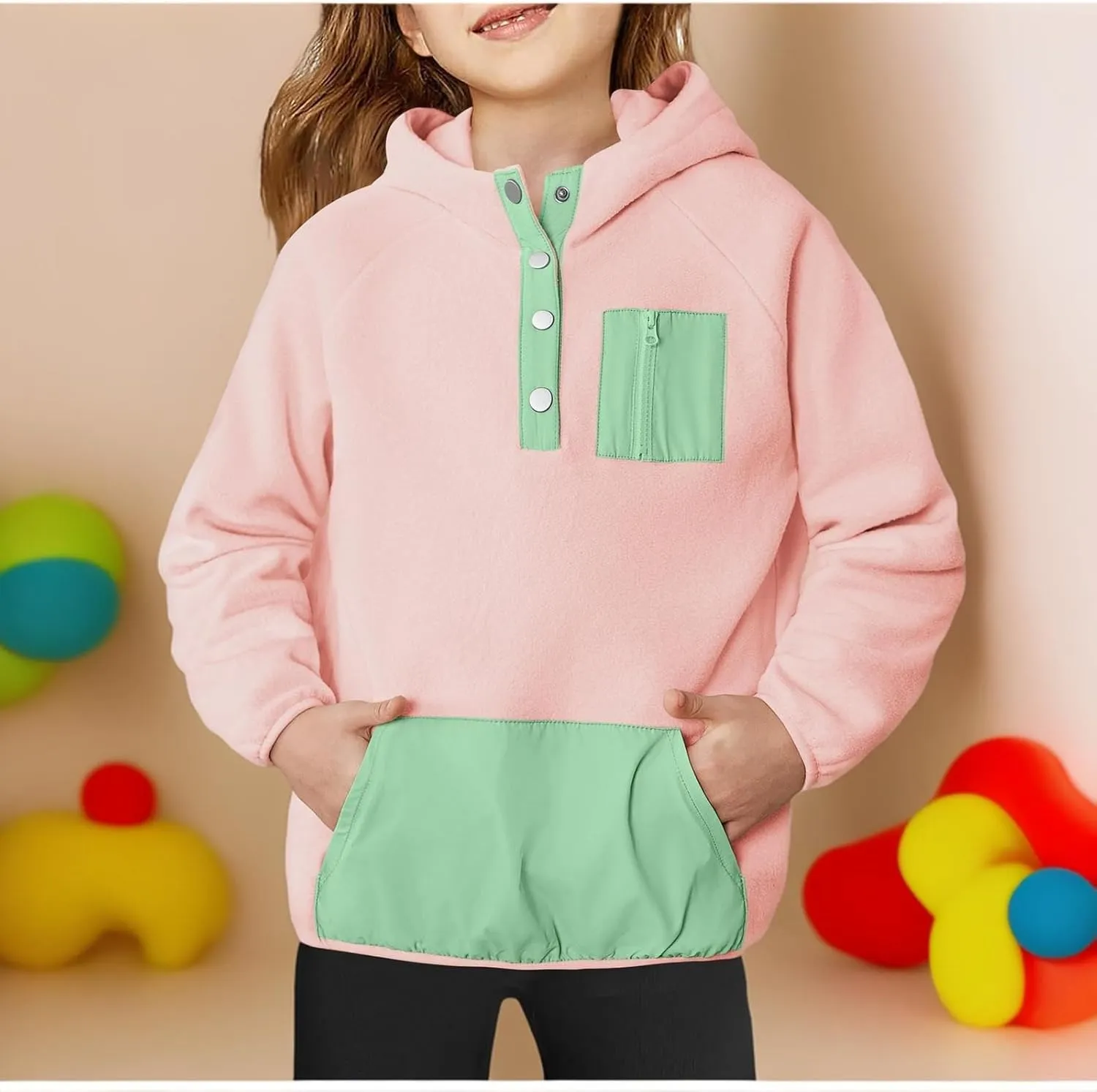 Youth Girls Color Block Hoodie Pullover Sweatshirt Top Button Brushed Fleece Hoodie Kids Hooded Sweatshirt with Pocket
