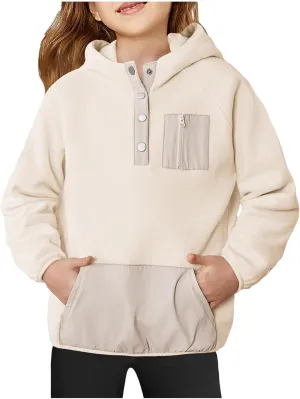 Youth Girls Color Block Hoodie Pullover Sweatshirt Top Button Brushed Fleece Hoodie Kids Hooded Sweatshirt with Pocket