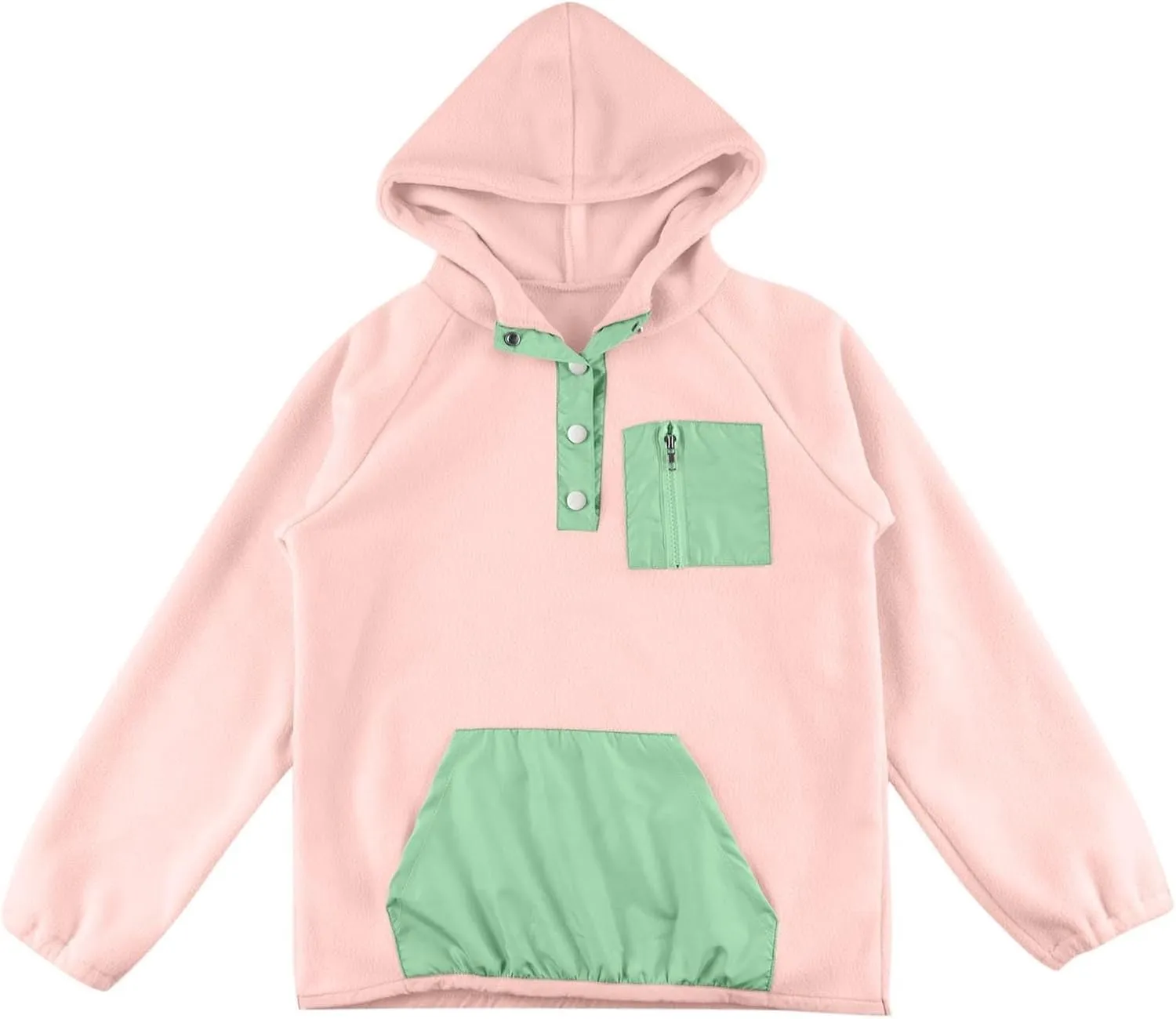 Youth Girls Color Block Hoodie Pullover Sweatshirt Top Button Brushed Fleece Hoodie Kids Hooded Sweatshirt with Pocket