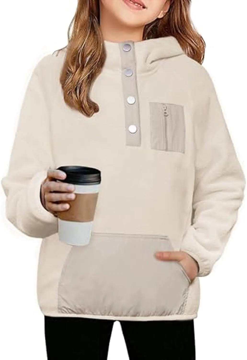 Youth Girls Color Block Hoodie Pullover Sweatshirt Top Button Brushed Fleece Hoodie Kids Hooded Sweatshirt with Pocket