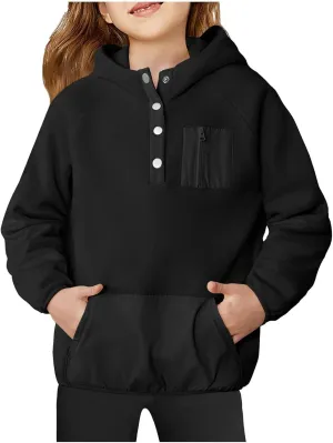 Youth Girls Color Block Hoodie Pullover Sweatshirt Top Button Brushed Fleece Hoodie Kids Hooded Sweatshirt with Pocket