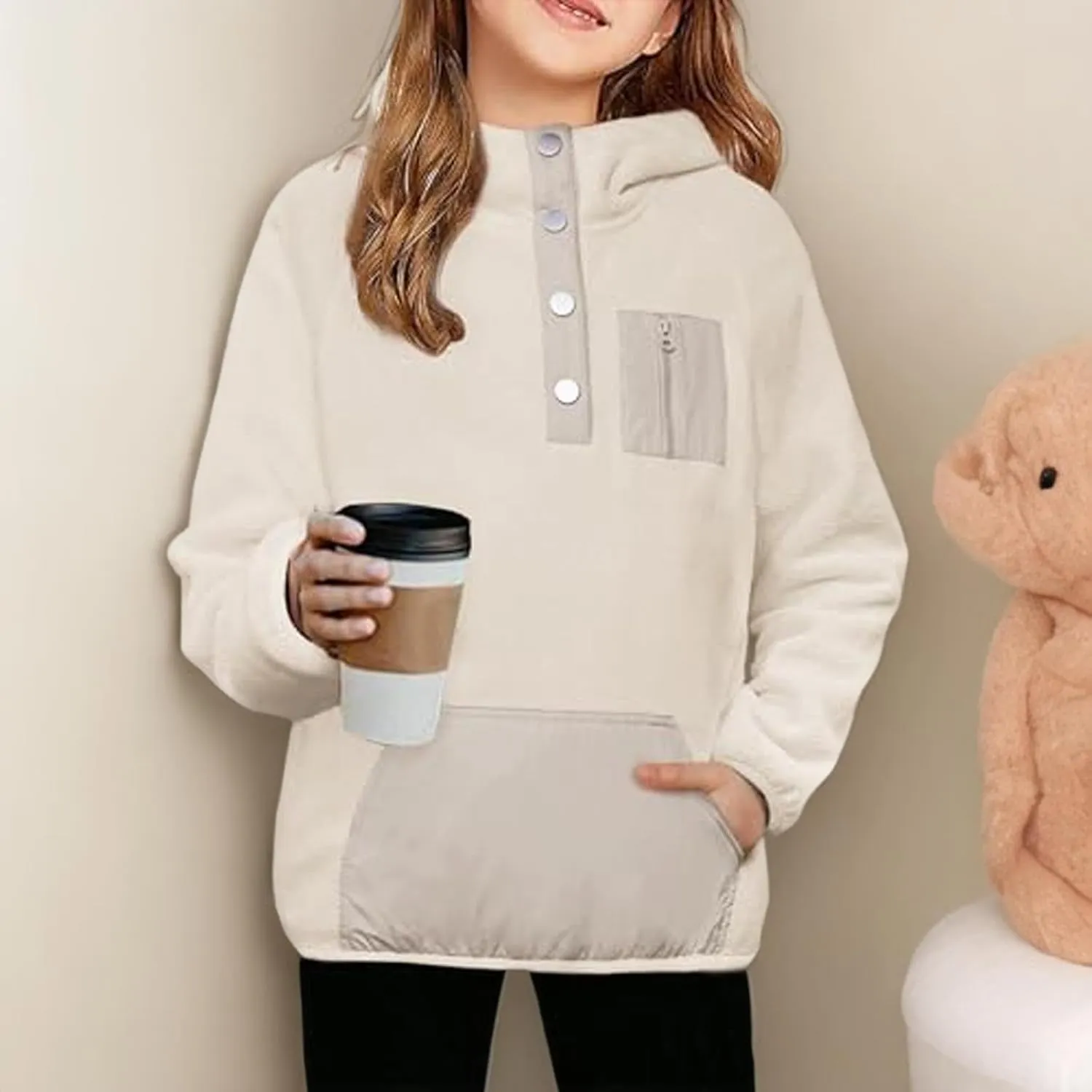 Youth Girls Color Block Hoodie Pullover Sweatshirt Top Button Brushed Fleece Hoodie Kids Hooded Sweatshirt with Pocket