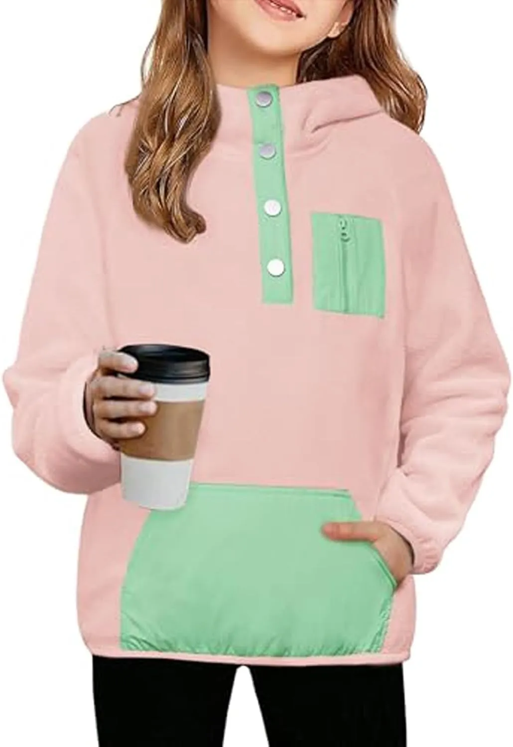 Youth Girls Color Block Hoodie Pullover Sweatshirt Top Button Brushed Fleece Hoodie Kids Hooded Sweatshirt with Pocket
