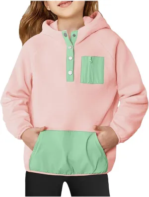 Youth Girls Color Block Hoodie Pullover Sweatshirt Top Button Brushed Fleece Hoodie Kids Hooded Sweatshirt with Pocket