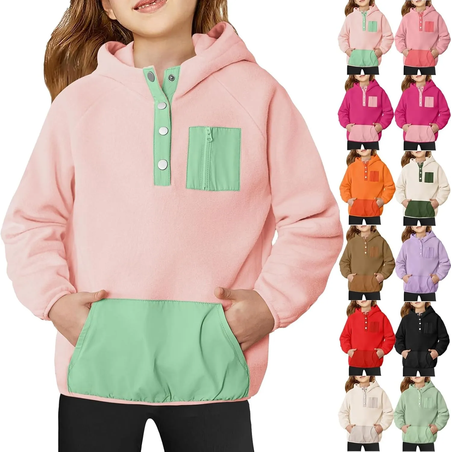 Youth Girls Color Block Hoodie Pullover Sweatshirt Top Button Brushed Fleece Hoodie Kids Hooded Sweatshirt with Pocket