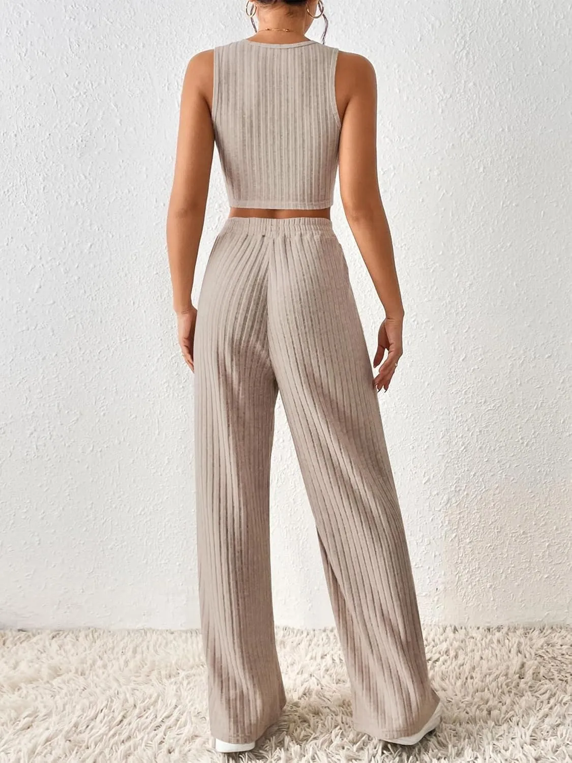 ZAFUL Women Two Piece Pajamas Set O Ring Solid Ribbed Knit Crop Tank Top Wide Leg Pants Loungewear Set