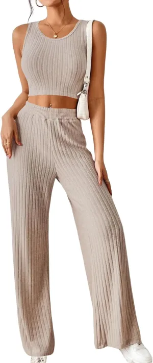ZAFUL Women Two Piece Pajamas Set O Ring Solid Ribbed Knit Crop Tank Top Wide Leg Pants Loungewear Set