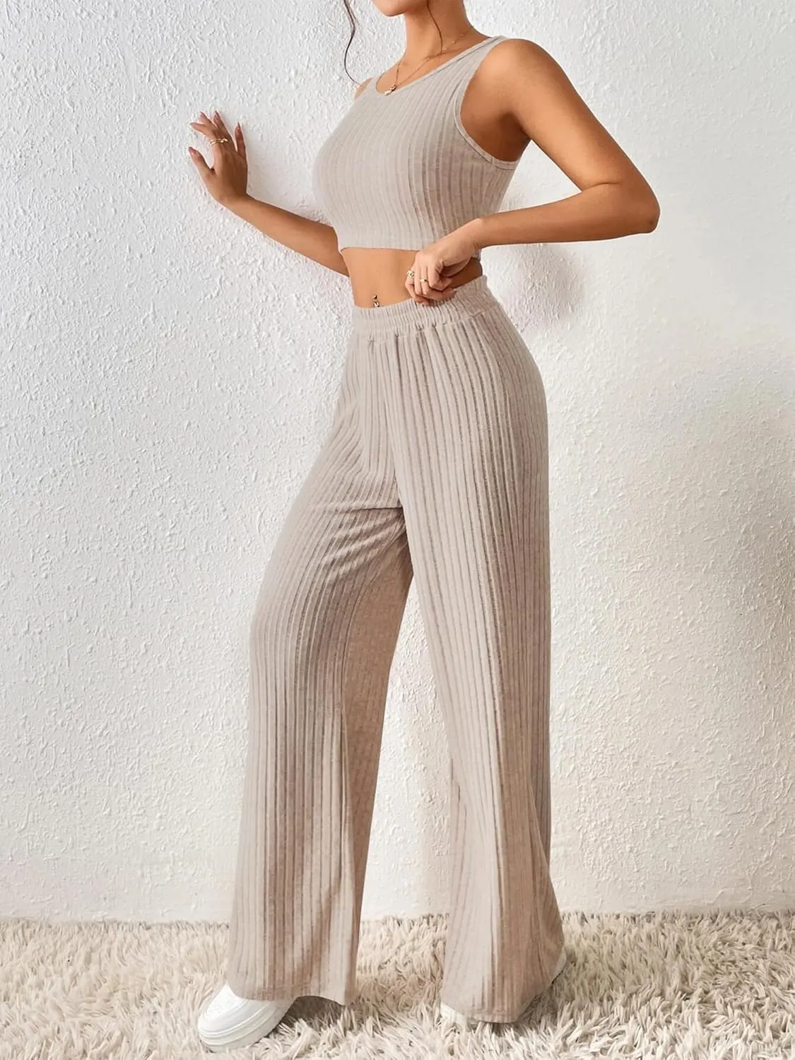 ZAFUL Women Two Piece Pajamas Set O Ring Solid Ribbed Knit Crop Tank Top Wide Leg Pants Loungewear Set