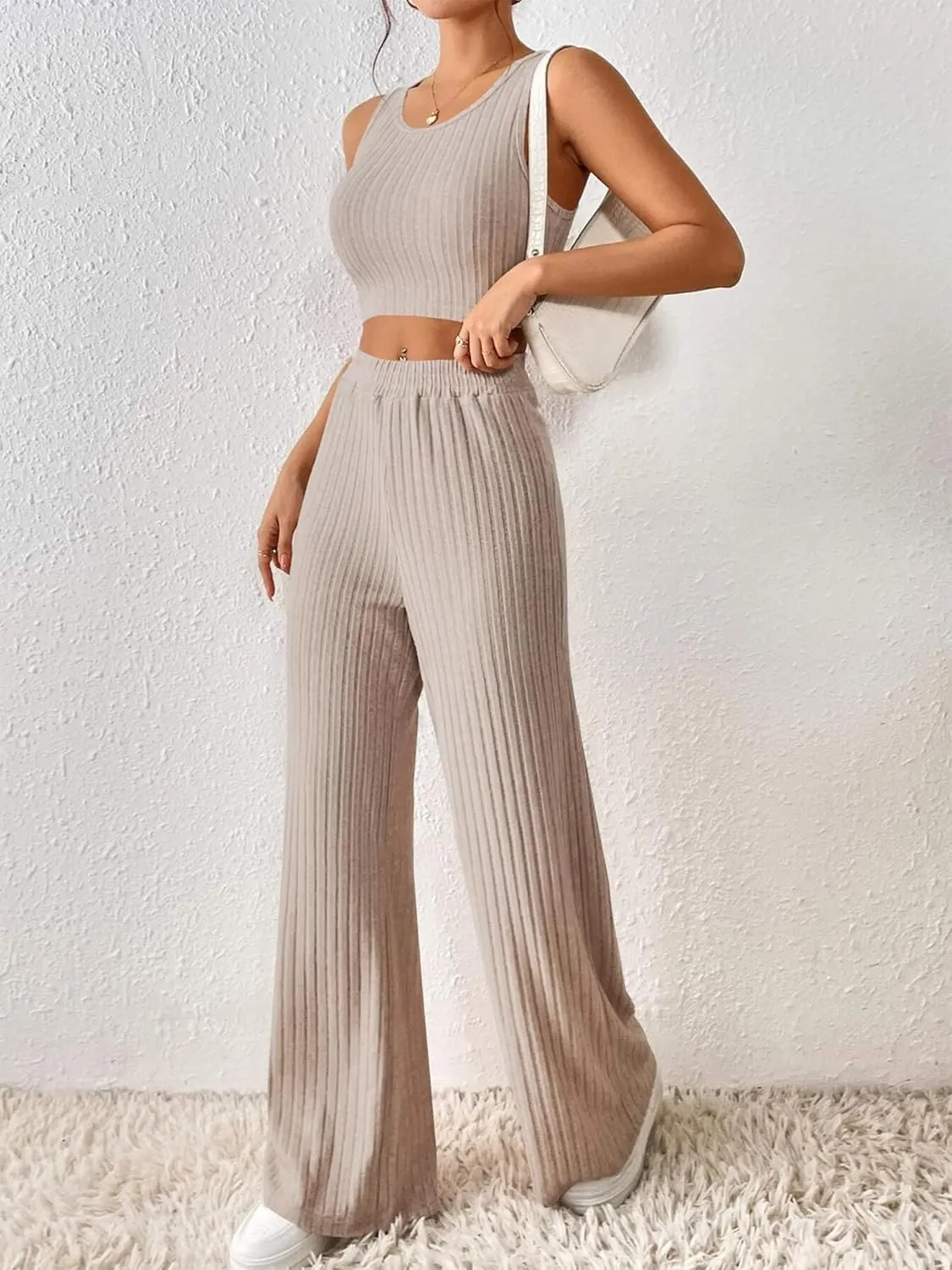 ZAFUL Women Two Piece Pajamas Set O Ring Solid Ribbed Knit Crop Tank Top Wide Leg Pants Loungewear Set