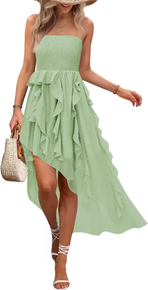ZESICA Women's 2025 Summer Strapless Mini Dress Off Shoulder Smocked Tiered Ruffle Beach Vacation Tube Sundress