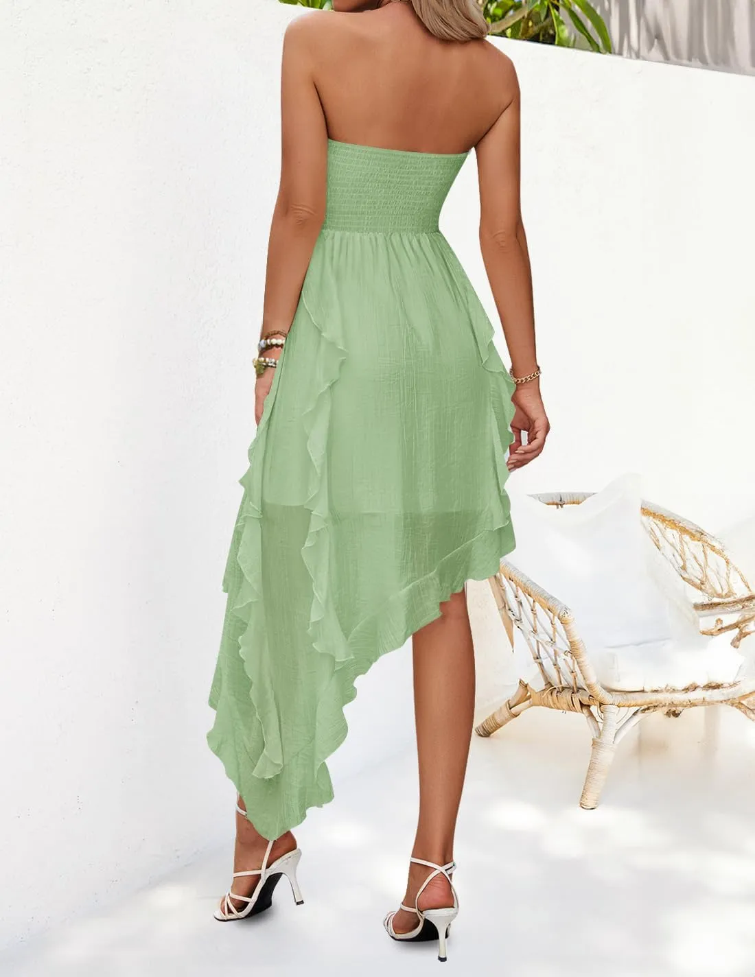 ZESICA Women's 2025 Summer Strapless Mini Dress Off Shoulder Smocked Tiered Ruffle Beach Vacation Tube Sundress