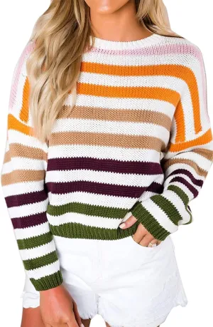 ZESICA Women's Fall Long Sleeve Crew Neck Striped Color Block Casual Loose Knitted Pullover Sweater Tops