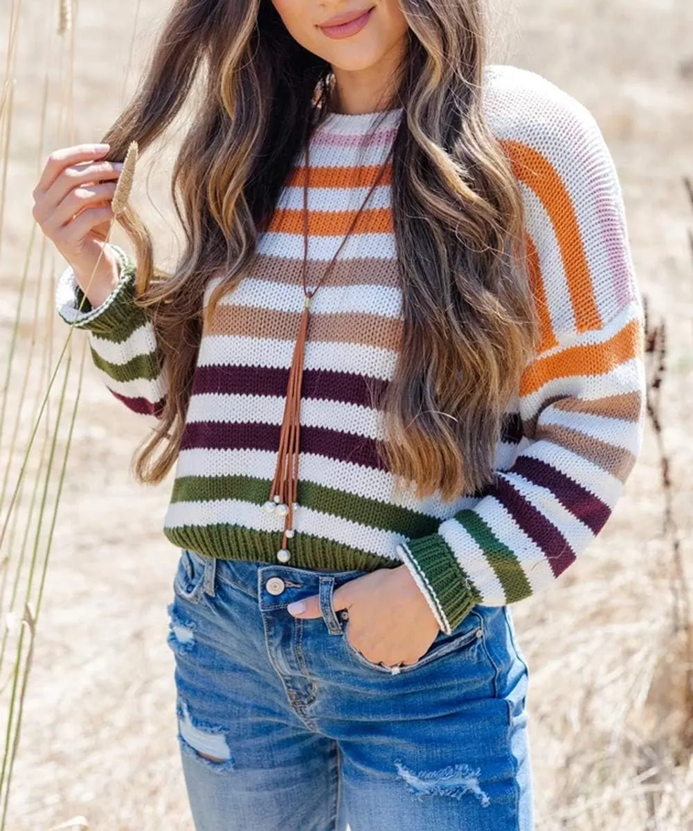 ZESICA Women's Fall Long Sleeve Crew Neck Striped Color Block Casual Loose Knitted Pullover Sweater Tops