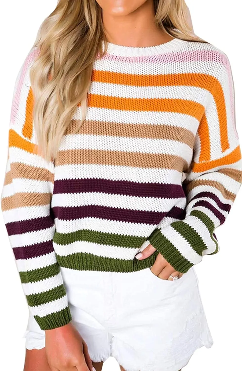 ZESICA Women's Fall Long Sleeve Crew Neck Striped Color Block Casual Loose Knitted Pullover Sweater Tops