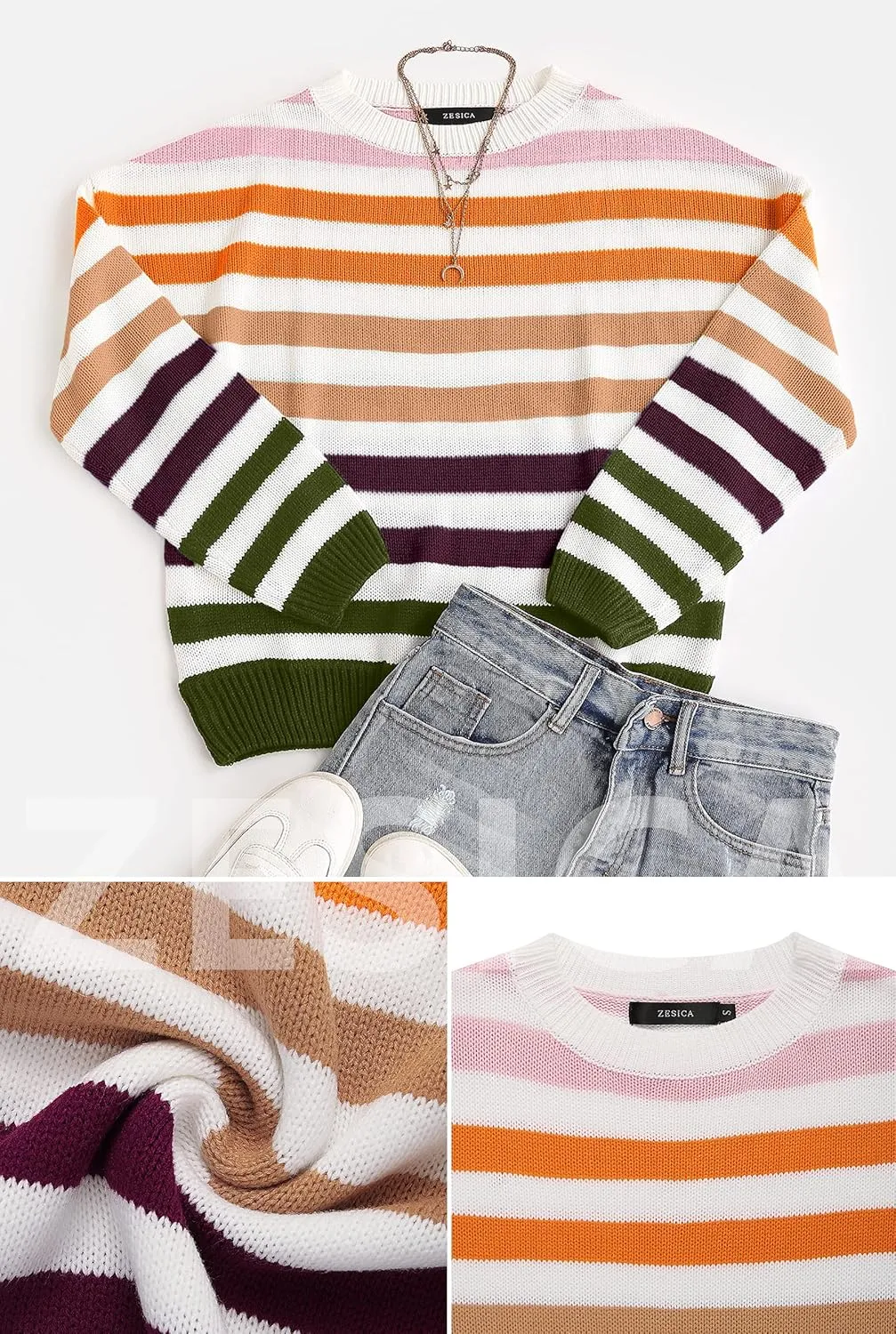 ZESICA Women's Fall Long Sleeve Crew Neck Striped Color Block Casual Loose Knitted Pullover Sweater Tops