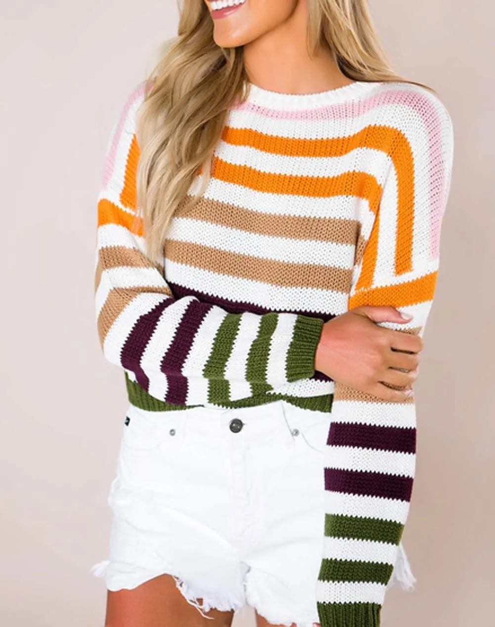 ZESICA Women's Fall Long Sleeve Crew Neck Striped Color Block Casual Loose Knitted Pullover Sweater Tops