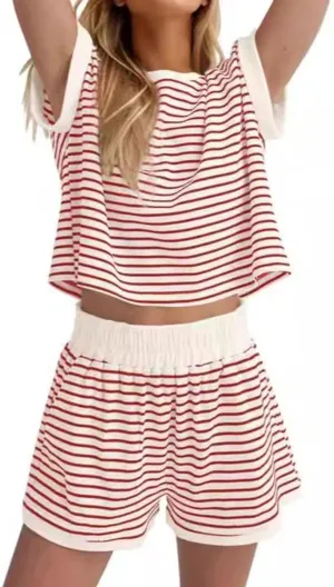 ZWRXW Two Piece Sets for Women Summer Comfort Stripe Knit Short Sleeve Tee Shirts Shorts Matching Set Loungewear Shorts Sets
