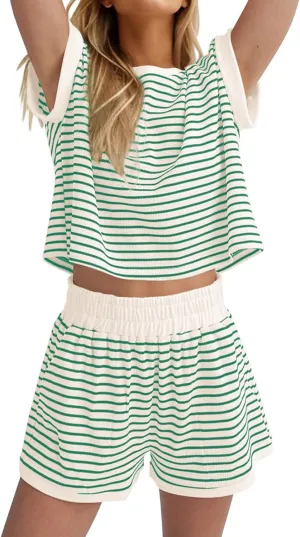 ZWRXW Two Piece Sets for Women Summer Comfort Stripe Knit Short Sleeve Tee Shirts Shorts Matching Set Loungewear Shorts Sets