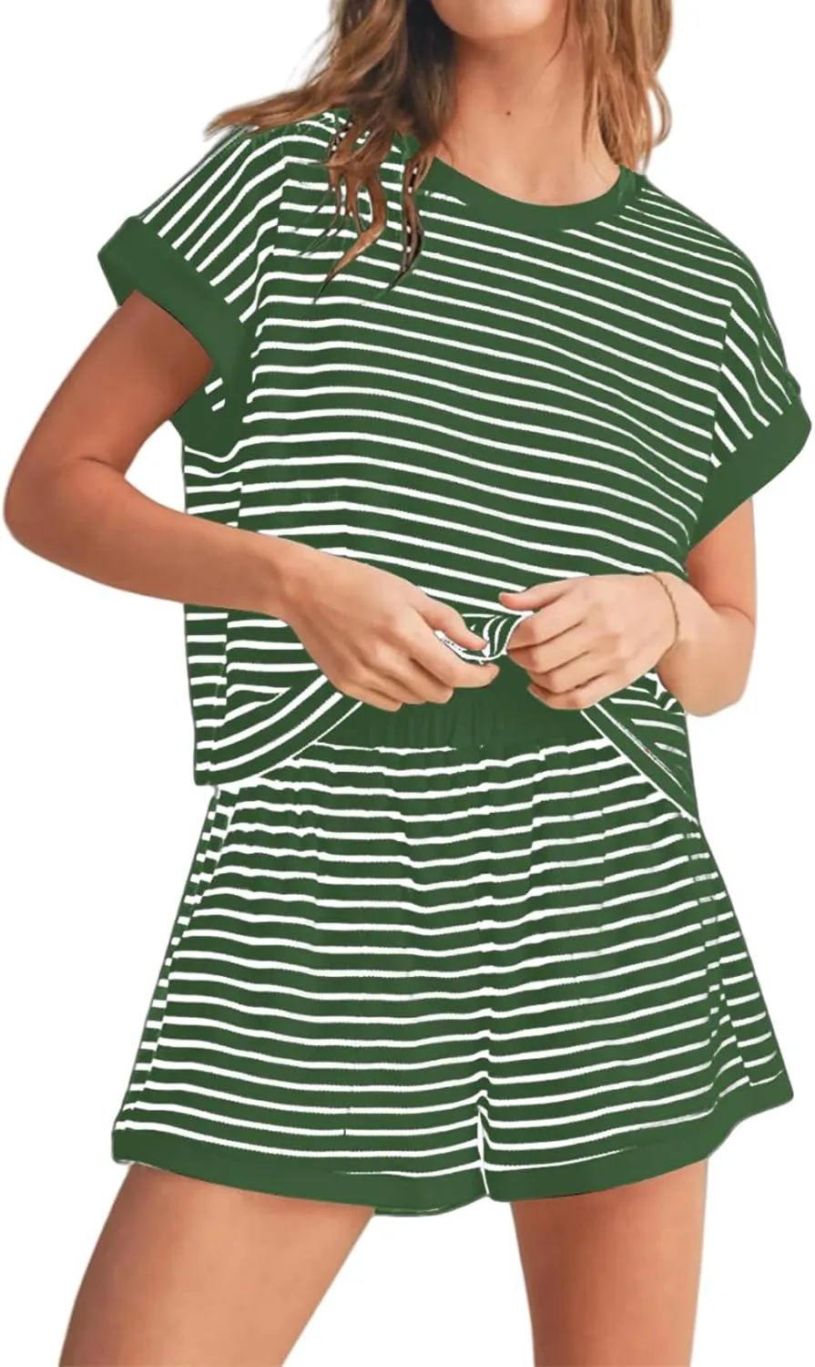 ZWRXW Two Piece Sets for Women Summer Comfort Stripe Knit Short Sleeve Tee Shirts Shorts Matching Set Loungewear Shorts Sets