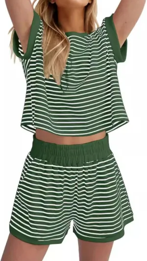 ZWRXW Two Piece Sets for Women Summer Comfort Stripe Knit Short Sleeve Tee Shirts Shorts Matching Set Loungewear Shorts Sets