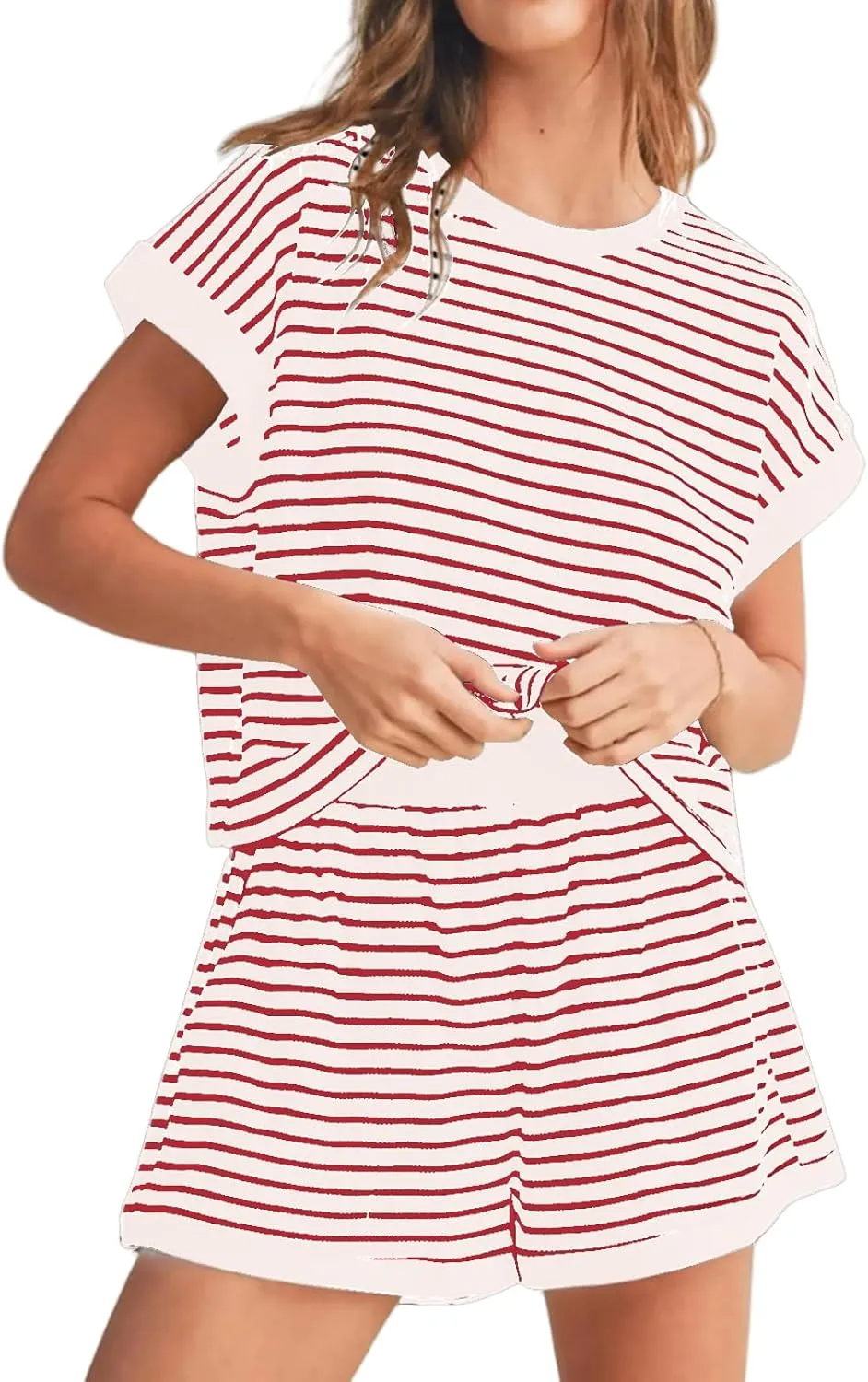 ZWRXW Two Piece Sets for Women Summer Comfort Stripe Knit Short Sleeve Tee Shirts Shorts Matching Set Loungewear Shorts Sets