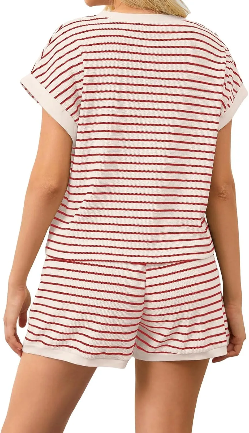 ZWRXW Two Piece Sets for Women Summer Comfort Stripe Knit Short Sleeve Tee Shirts Shorts Matching Set Loungewear Shorts Sets