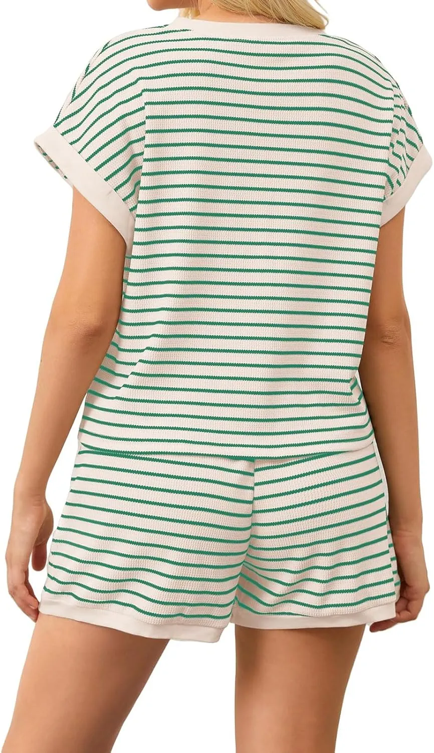 ZWRXW Two Piece Sets for Women Summer Comfort Stripe Knit Short Sleeve Tee Shirts Shorts Matching Set Loungewear Shorts Sets